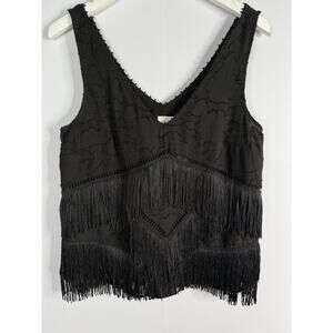 Anthropologie HD Tiered Fringe Tank Top Black Beaded Sz 8 Whimsigoth Country NEW